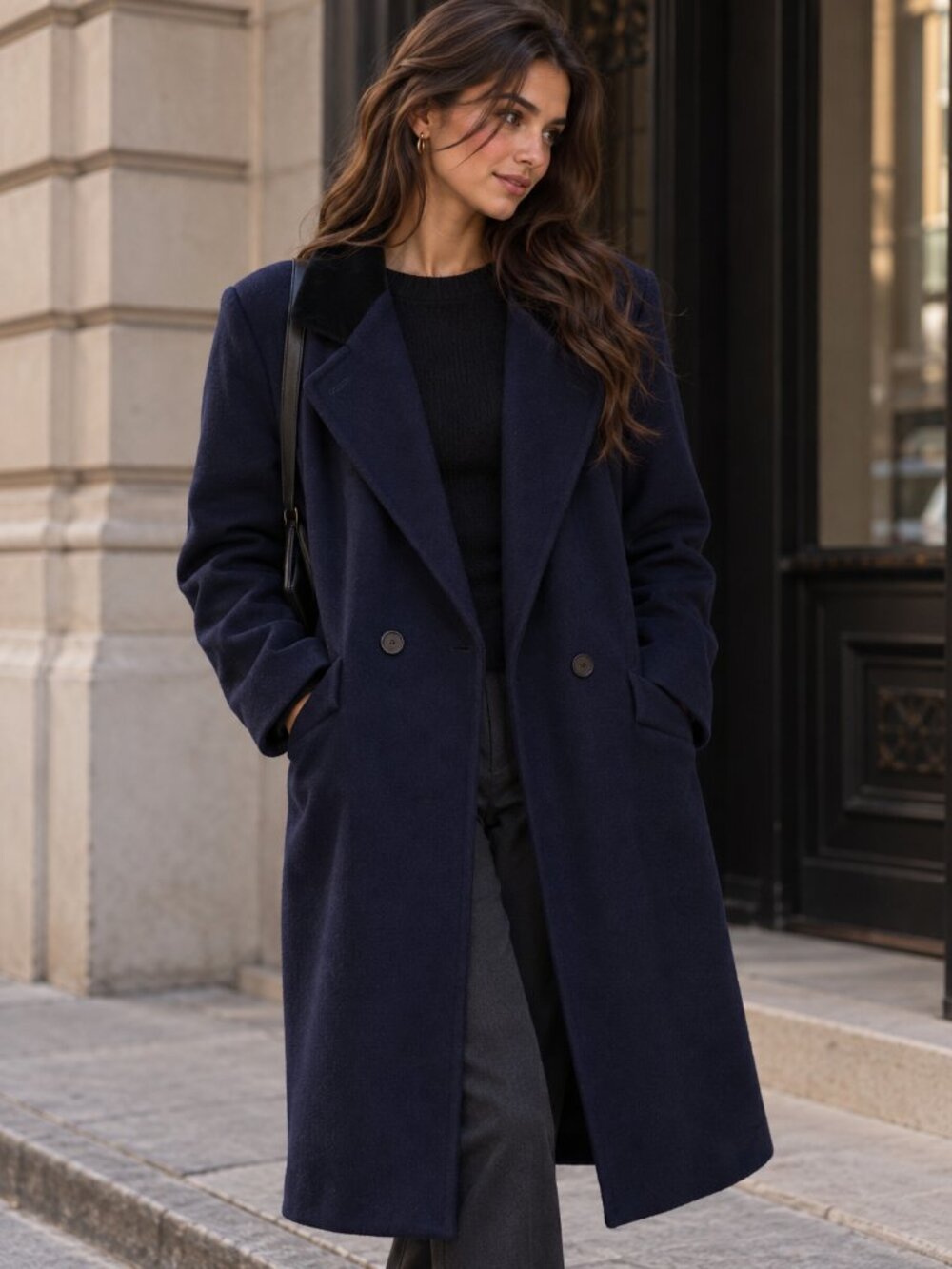 VTG JG Hook Women's Long Navy Wool Coat Black Velvet Collar, Size XL